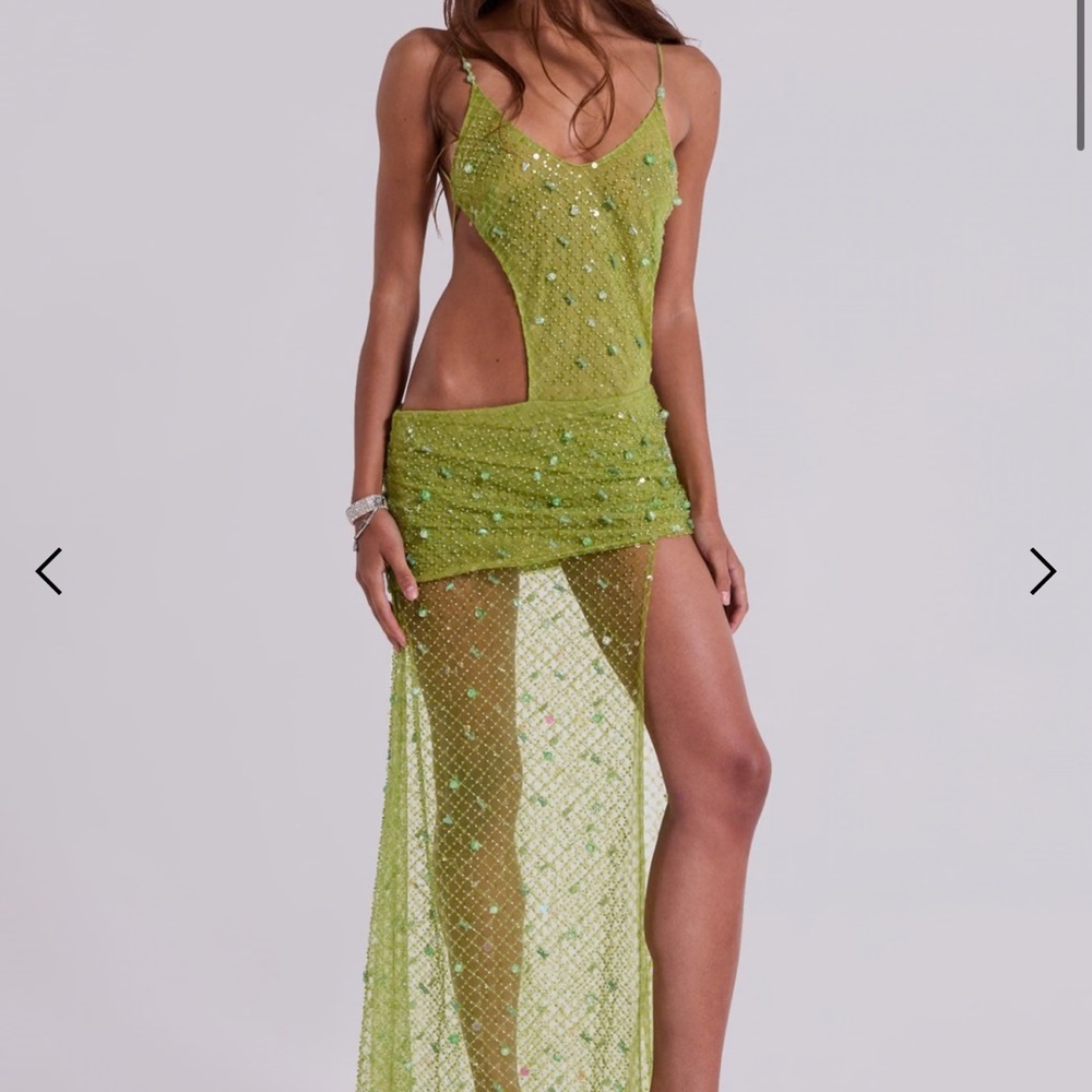 Jaded London -Stellar Asymmetric Hand Beaded Maxi Dress in Lime